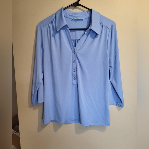 Cleo Petites Tops - Cleo Petit- Light Blue Blouse with Button Detail, Size Medium